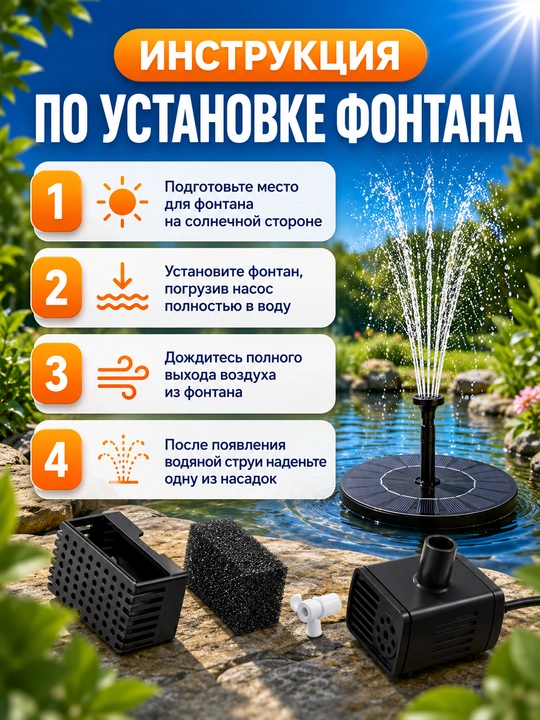 Bog‘ va hovuz uchun quyosh panelli fontan, 16 sm