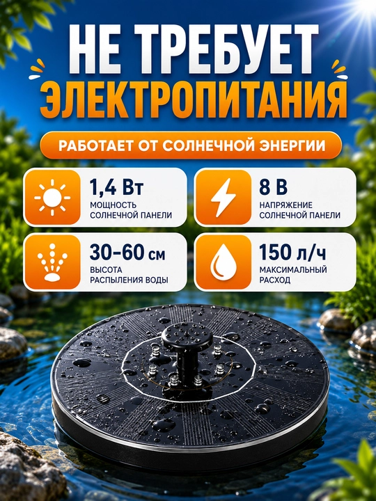 Bog‘ va hovuz uchun quyosh panelli fontan, 16 sm