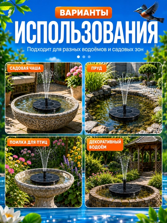 Bog‘ va hovuz uchun quyosh panelli fontan, 16 sm