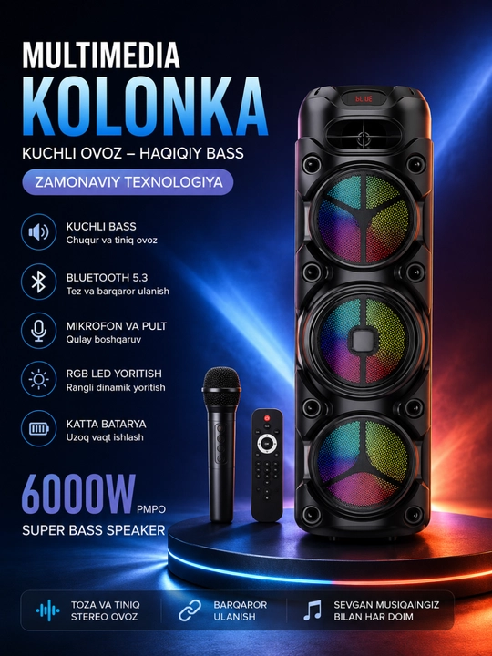 6000W Premium Bluetooth Karaoke Kolonkasi, Simsiz Mikrofon va Pult bilan RGB LED - 