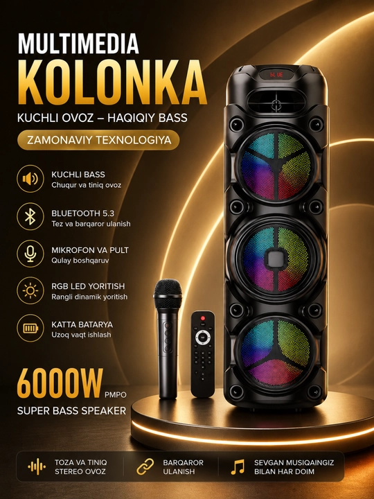 6000W Premium Bluetooth Karaoke Kolonkasi, Simsiz Mikrofon va Pult bilan RGB LED - 