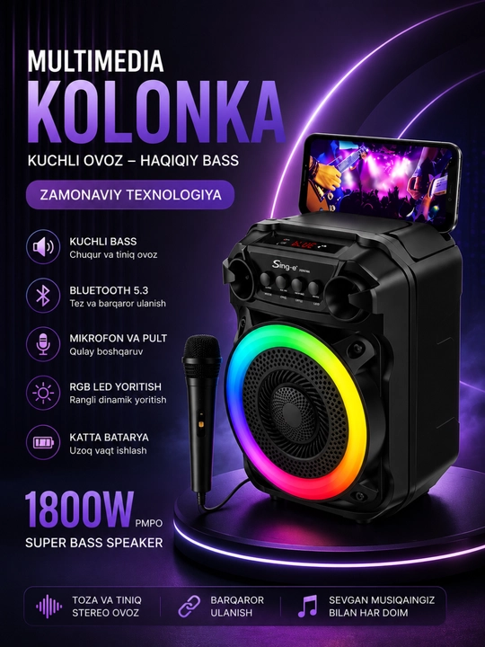 Ko'p funksiyali portativ kolonka – Kuchli ovoz, zamonaviy dizayn va qulay foydalanish - 