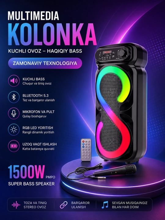 Ko'p Funksiyali Bluetooth Karaoke Kolonkasi, Mikrofon, RGB LED va Masofadan Boshqaruv - 