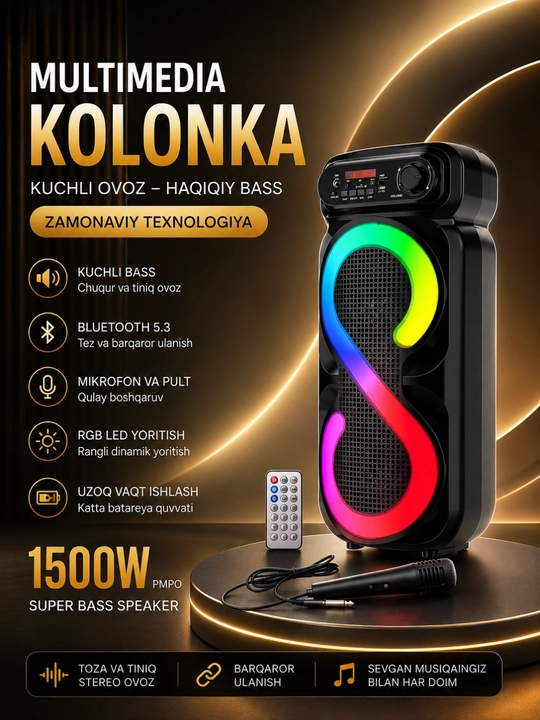 Ko'p Funksiyali Bluetooth Karaoke Kolonkasi, Mikrofon, RGB LED va Masofadan Boshqaruv - 