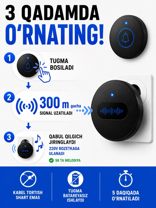 Simsiz eshik qo'ng'irog'i – 300 m, IP68, batareyasiz tugma, 38 ohang, 220V