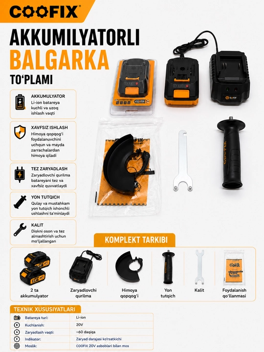 COOFIX Аккумуляторная болгарка, болгарка, беспроводная болгарка, 125 мм