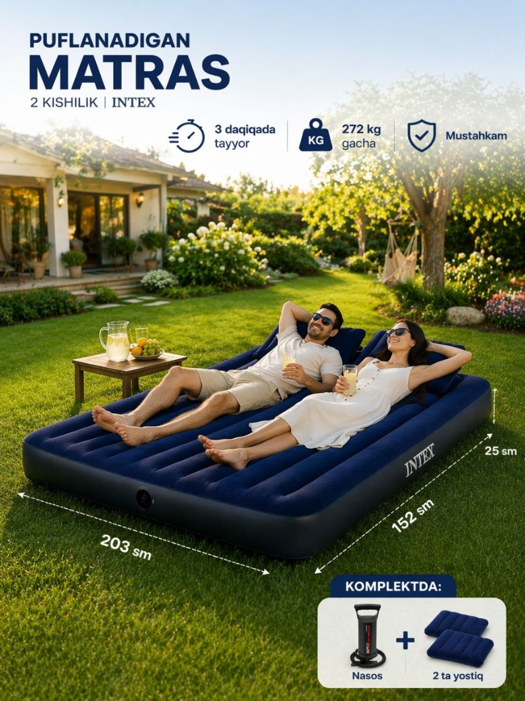 Ikki kishilik puflanadigan matras Intex, nasos va 2 ta yostiq bilan, 203×152×25 sm - 