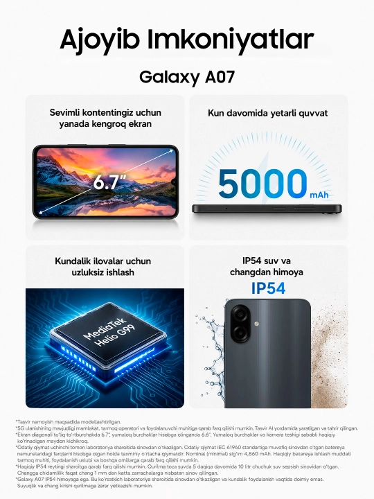 Smartfon Samsung Galaxy A07, 6.7" dyuym displey, 90Hz, 50Mp kamera, IP54 Himoya