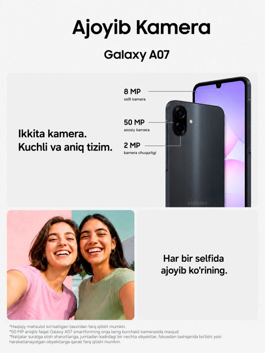 Smartfon Samsung Galaxy A07, 6.7" dyuym displey, 90Hz, 50Mp kamera, IP54 Himoya