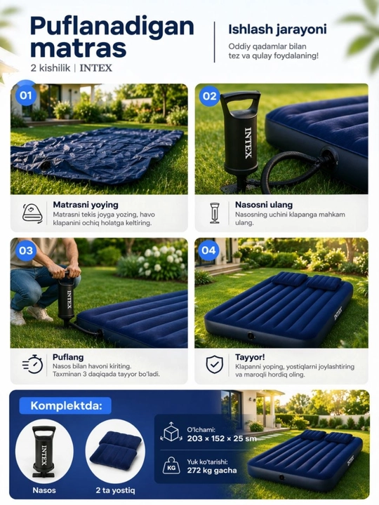 Ikki kishilik puflanadigan matras Intex, nasos va 2 ta yostiq bilan, 203×152×25 sm