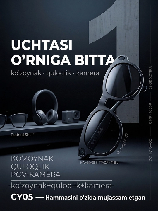 Kamera bilan smart ko‘zoynak - 1080P · 8 MP, AI funksiyalari, CY05, smart ko‘zoynak