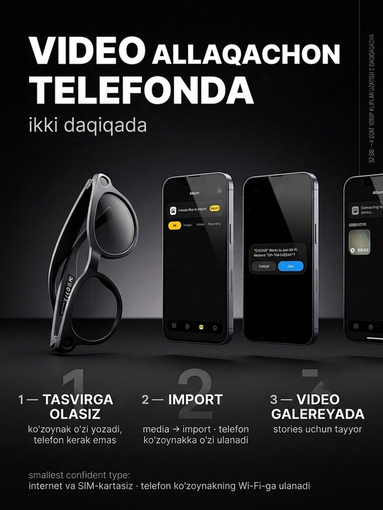 Kamera bilan smart ko‘zoynak - 1080P · 8 MP, AI funksiyalari, CY05, smart ko‘zoynak