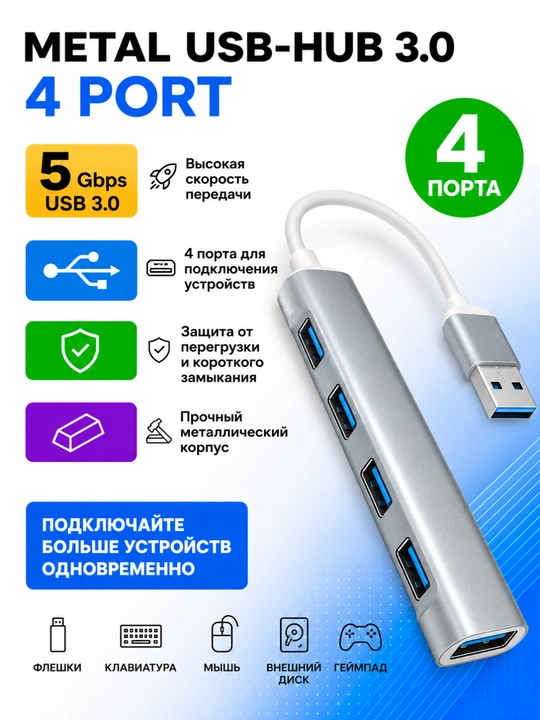 USB HUB 3.0 4 порта, USB-разветвитель, адаптер-удлинитель для компьютера и ноутбука - 