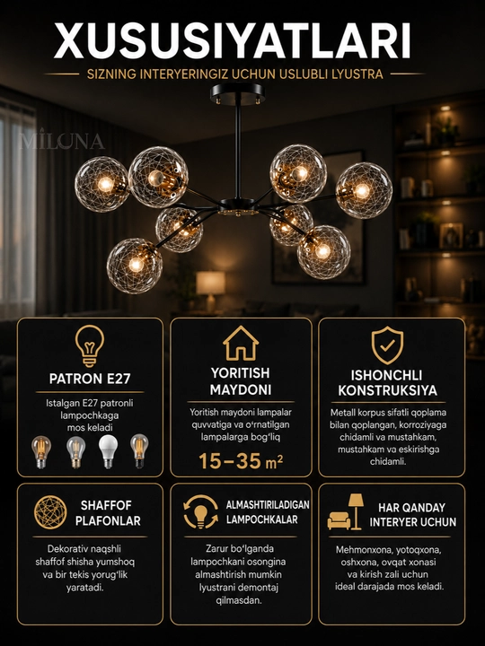 Zamonaviy osma, shift lyustra, E27 patronli qandil, 6, 8, 10 va 12 plafonli lyustira