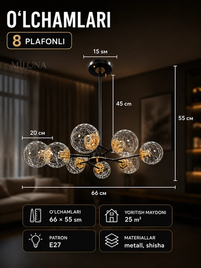 Zamonaviy osma, shift lyustra, E27 patronli qandil, 6, 8, 10 va 12 plafonli lyustira