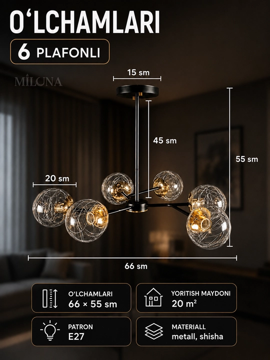 Zamonaviy osma, shift lyustra, E27 patronli qandil, 6, 8, 10 va 12 plafonli lyustira