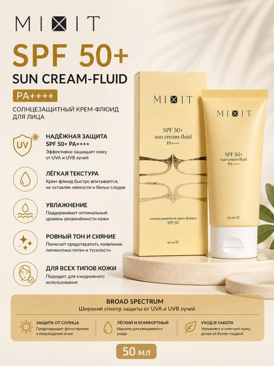MIXIT SPF 50+ Sun Cream-Fluid PA++++ - yuz uchun quyoshdan himoyalovchi krem-flyuid, 50 ml