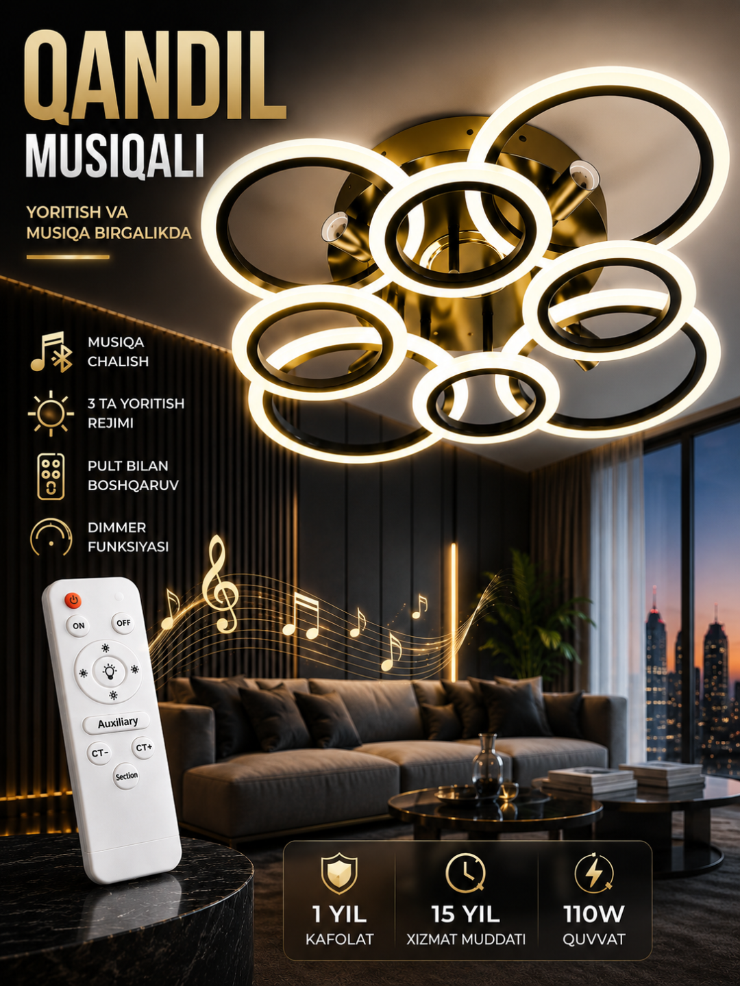 110 Vt pultli Bluetooth musiqiy LED shift qandil, 3 xil yoritish rejimiga ega, qora - 
