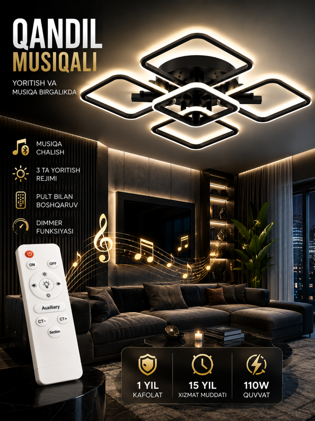 110 Vt pultli Bluetooth musiqiy LED shift qandil, 3 xil yoritish rejimiga ega, qora - 