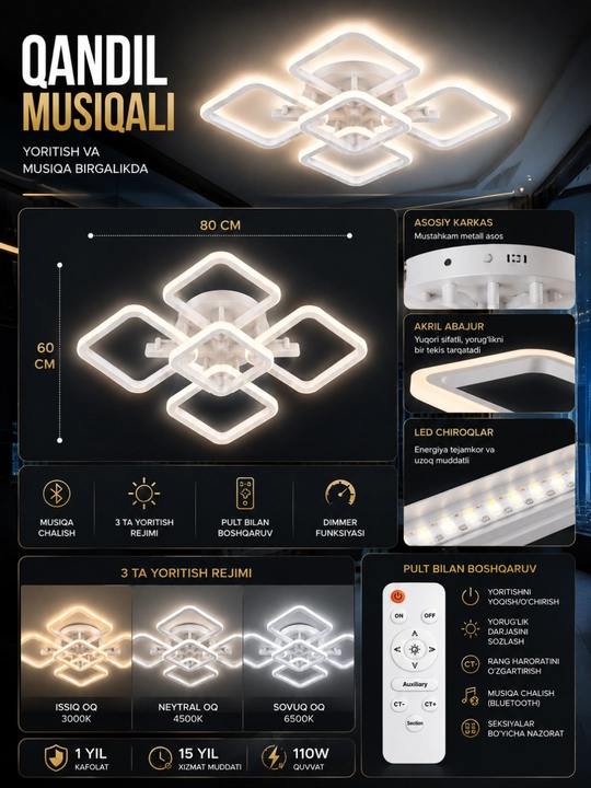 110 Vt pultli Bluetooth musiqiy LED shift qandil, 3 xil yoritish rejimiga ega, qora