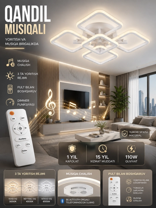 110 Vt pultli Bluetooth musiqiy LED shift qandil, 3 xil yoritish rejimiga ega, qora
