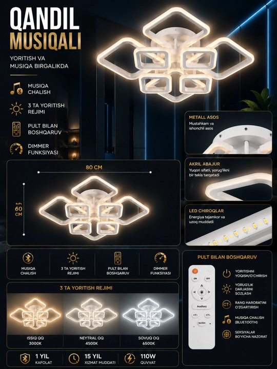 Люстра LED музыкальная потолочная Bluetooth с пультом 110W, 3 режима освещения, черная