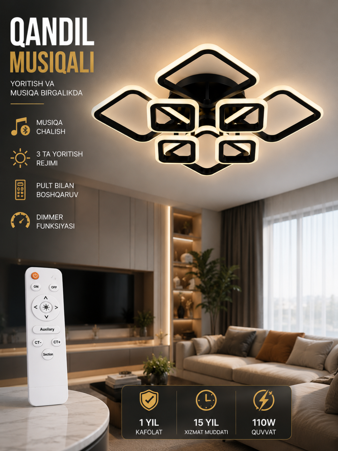 110 Vt pultli Bluetooth musiqiy LED shift qandil, 3 xil yoritish rejimiga ega, qora - 