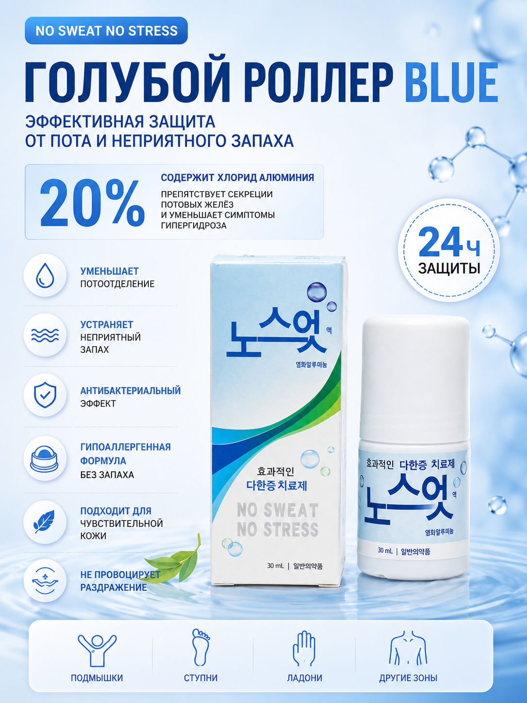Dezodorant, haddan tashqari terlashga qarshi, sharikli, Koreya No Sweat No Stress, 30 ml - 