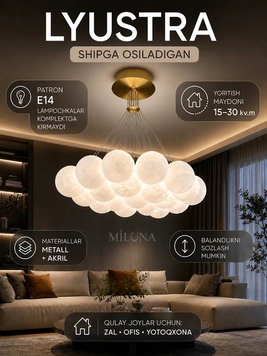 Osma lyustra, E14 patronli shift qandillar, zamonaviy plafonli lustira - 