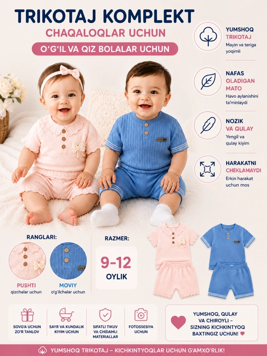 Chaqaloqlar uchun trikotaj yozgi kiyim to‘plami, o‘g‘il va qiz bolalar komplekti 9–12 oy