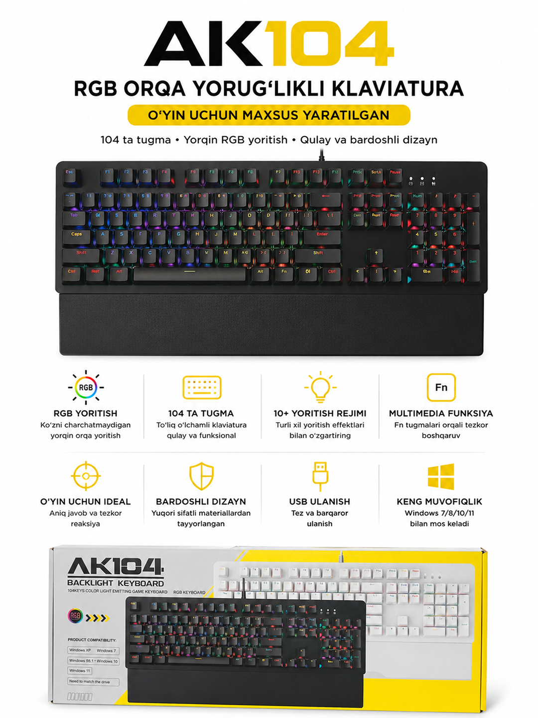 Игровая клавиатура AK104 RGB, 104 клавиши, проводное USB-подключение, подсветка - 