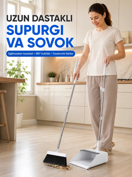 Набор для уборки: щетка и совок с длинной ручкой, компактный