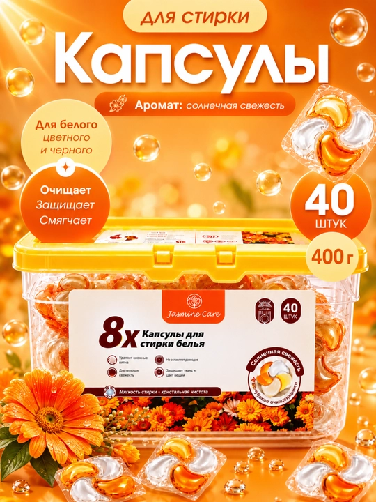 Jasmine Care 8x universal kir yuvish kapsulalari, 40 dona, turli xushbo‘y hidlar - 