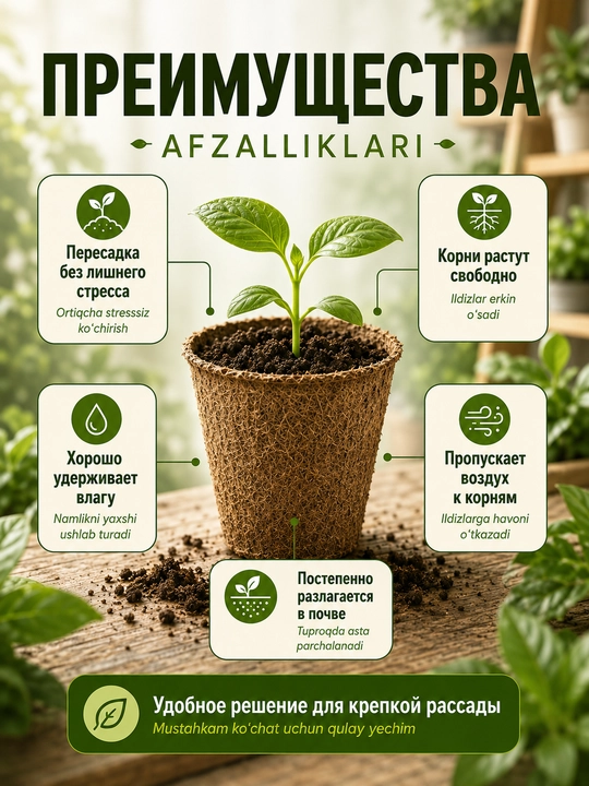 Ko‘chat va urug‘lar uchun parchalanuvchi torf tuvaklar, o‘simliklar uchun, 11×8,5 sm