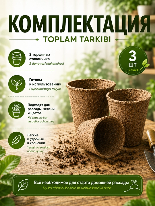 Ko‘chat va urug‘lar uchun parchalanuvchi torf tuvaklar, o‘simliklar uchun, 11×8,5 sm