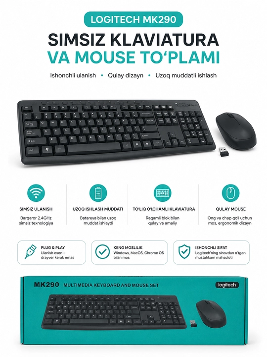 Беспроводная клавиатура и мышь Logitech MK290, USB 2,4 ГГц, черные - 