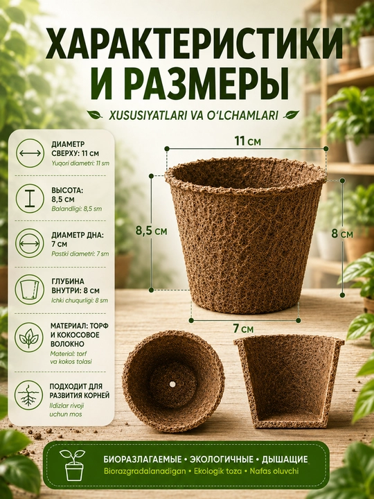 Ko‘chat va urug‘lar uchun parchalanuvchi torf tuvaklar, o‘simliklar uchun, 11×8,5 sm