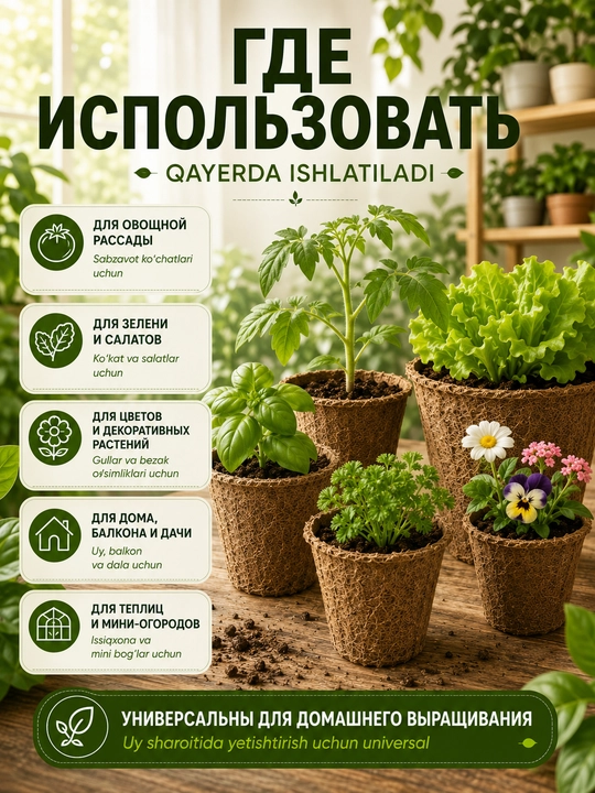 Ko‘chat va urug‘lar uchun parchalanuvchi torf tuvaklar, o‘simliklar uchun, 11×8,5 sm