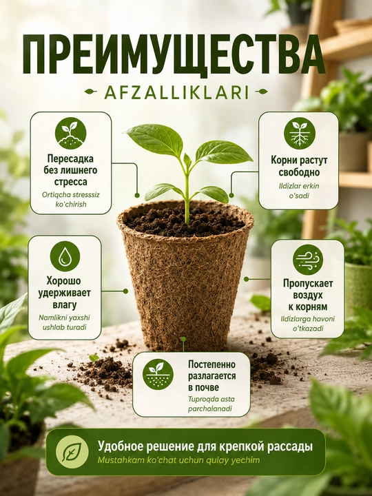 Ko‘chat va urug‘lar uchun parchalanuvchi torf tuvaklar, o‘simliklar uchun, 11×8,5 sm