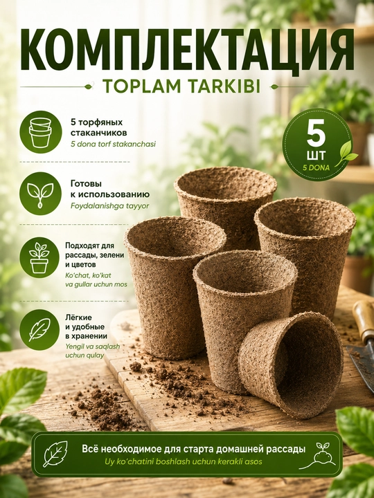 Ko‘chat va urug‘lar uchun parchalanuvchi torf tuvaklar, o‘simliklar uchun, 11×8,5 sm