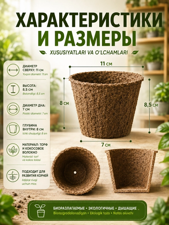 Ko‘chat va urug‘lar uchun parchalanuvchi torf tuvaklar, o‘simliklar uchun, 11×8,5 sm