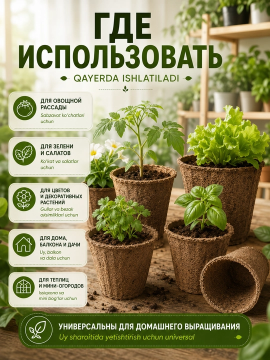 Ko‘chat va urug‘lar uchun parchalanuvchi torf tuvaklar, o‘simliklar uchun, 11×8,5 sm