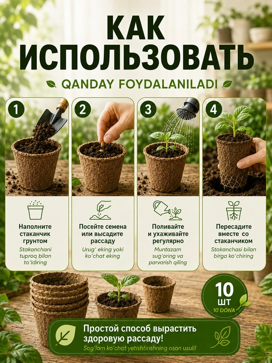 Ko‘chat va urug‘lar uchun parchalanuvchi torf tuvaklar, o‘simliklar uchun, 11×8,5 sm