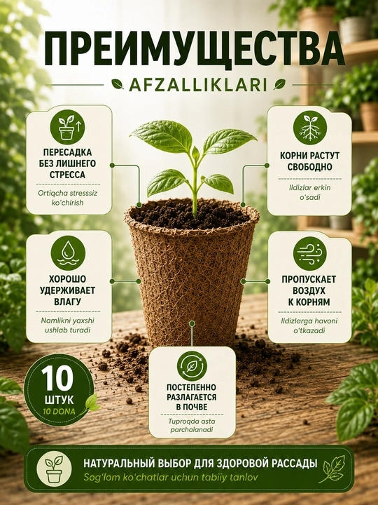 Ko‘chat va urug‘lar uchun parchalanuvchi torf tuvaklar, o‘simliklar uchun, 11×8,5 sm