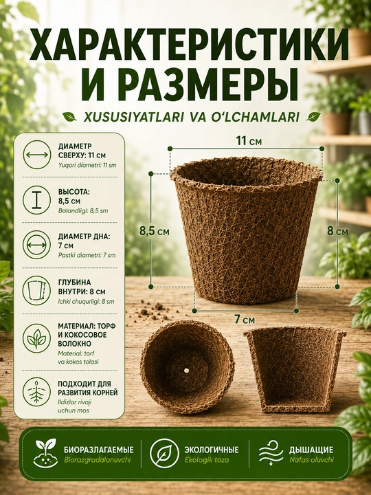 Ko‘chat va urug‘lar uchun parchalanuvchi torf tuvaklar, o‘simliklar uchun, 11×8,5 sm