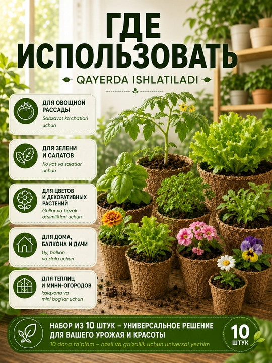 Ko‘chat va urug‘lar uchun parchalanuvchi torf tuvaklar, o‘simliklar uchun, 11×8,5 sm
