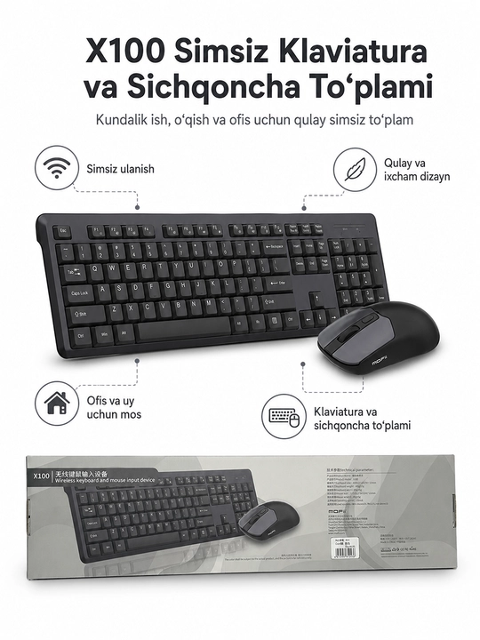 Беспроводной комплект клавиатуры и мыши Moffi X100, USB 2,4 ГГц, для офиса и дома - 