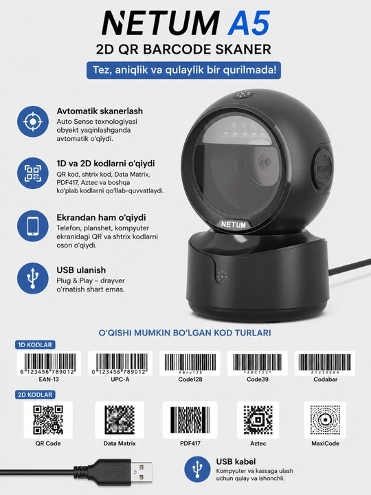 Shtrix-kod skaner NETUM A5 2D avtomatik sensor bilan - 