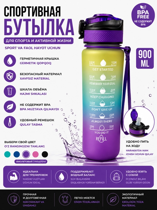 Suv uchun sport shishasi, 900 ml, naycha va vaqt ko‘rsatkichi bilan, germetik, BPA Free - 