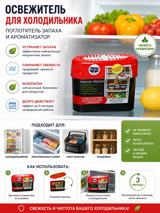 Освежитель для холодильника, поглотитель запаха, ароматизатор, нейтрализатор запахов - 